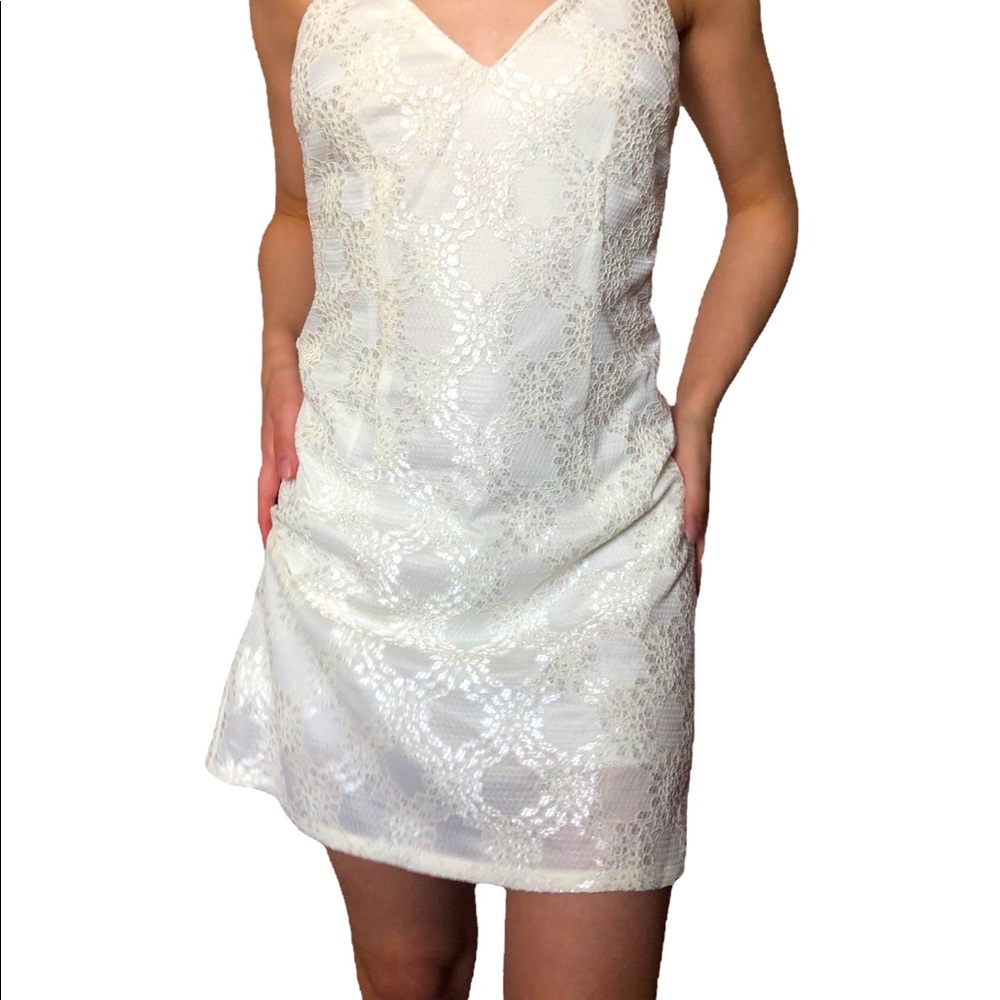 NWT THE COVERII WHITE LACE V NECK STRAPLESS MINI DRESS size small